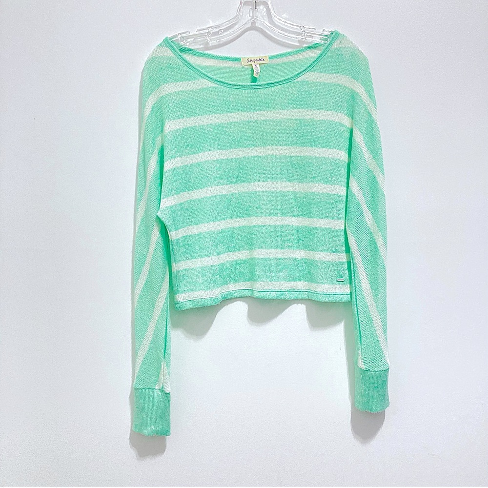 ♦️Aeropostale Women’s Long Sleeve Green & White Striped Knit Top